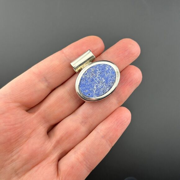 Vintage Mexico ATI Unique Natural Blue Stone 925 Silver Oval Pendant 12.4 g - Picture 7 of 12